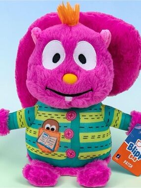 Pink Plush Character Toy with Striped Outfit